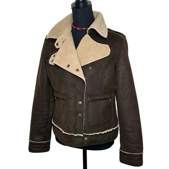 Moda International Moto Jacket Brown Faux Suede‎ + Faux Sherpa Lined women M - Picture 1 of 7